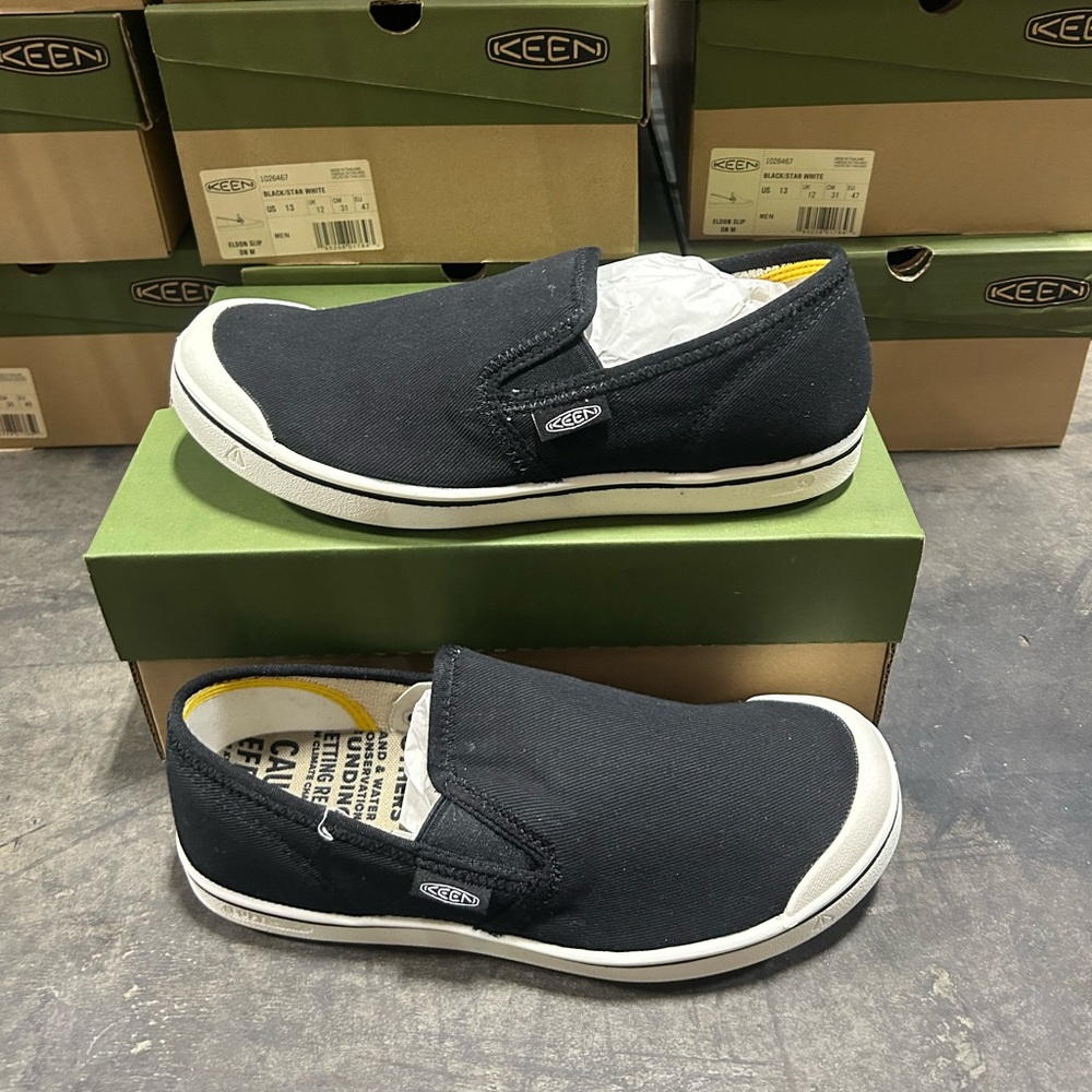 Keen Black Slip-On Canvas Loafers with White Toe and Sole